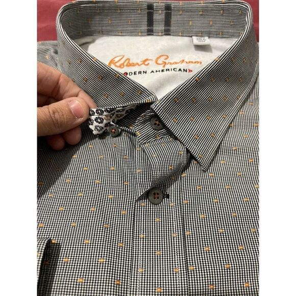 Robert Graham Men's Dress Shirt Black White Orange 3D Textured Size 2XL - Picture 8 of 9
